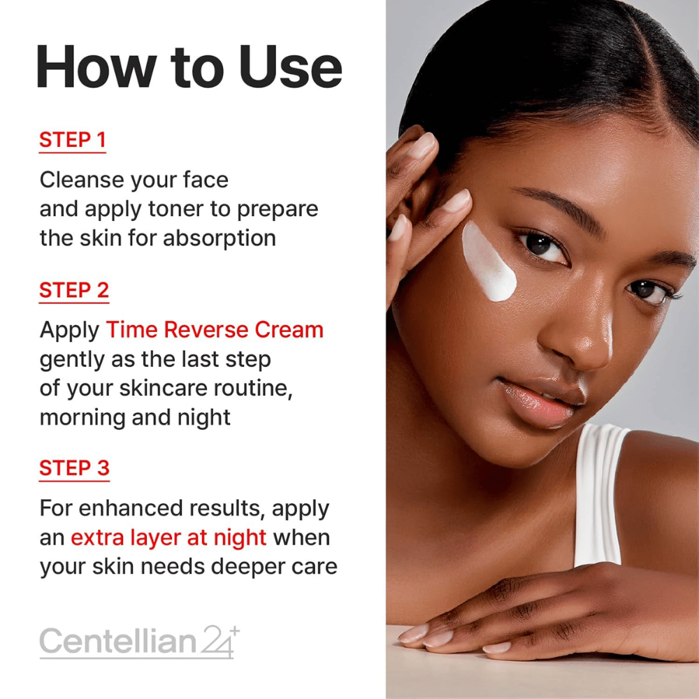 Instruktionsbild som visar hur Centellian24 Madeca Cream Time Reverse används i hudvårdsrutinen – appliceras som sista steg morgon och kväll för att lugna, stärka och återuppbygga huden.