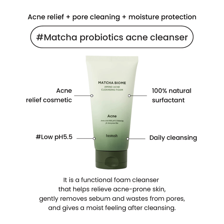 Heimish Matcha Biome Amino Acne Cleansing Foam low pH 5.5 – aknerengöring som rengör porer, minskar talg och återfuktar huden
