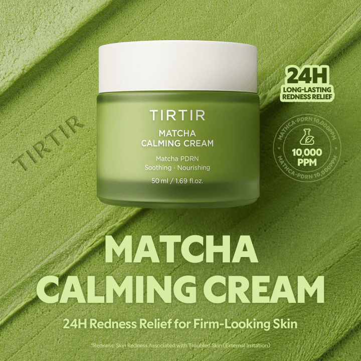 TIRTIR Matcha Calming Cream med ceramider, panthenol och peptider som återfuktar på djupet, stärker hudbarriären och förbättrar elasticitet.