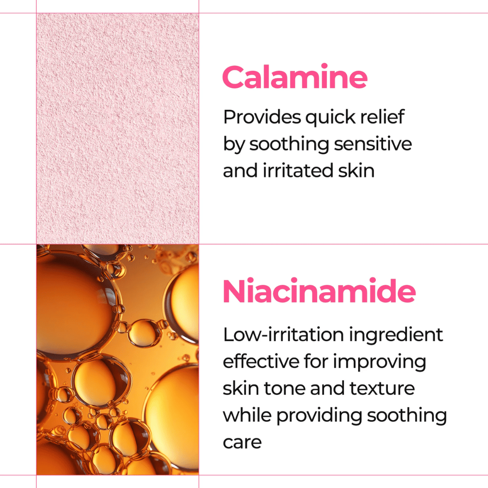 Närbild på calamine och niacinamide som lugnar känslig hud i Dr. Melaxin Melting Cleanser