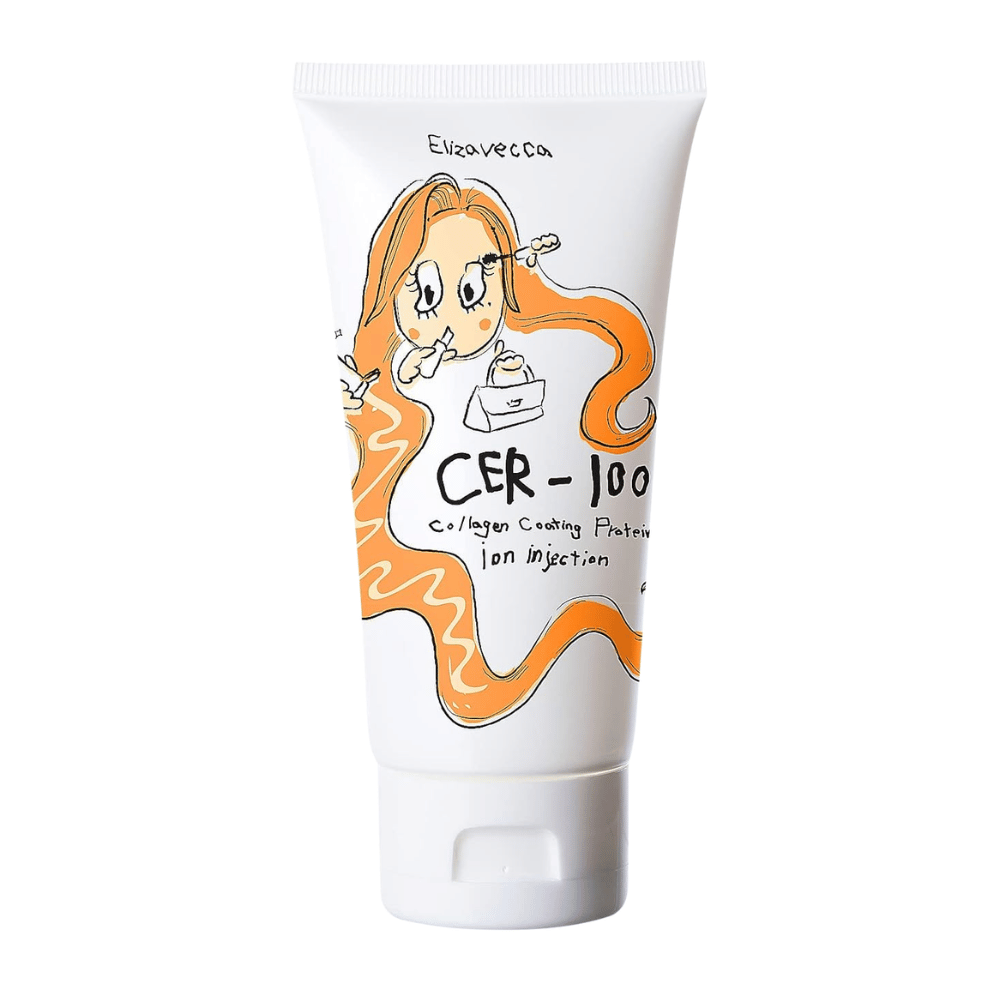 Produktbild av Elizavecca CER-100 Collagen Coating Protein Ion Injection med illustrerad design och orange detaljer.