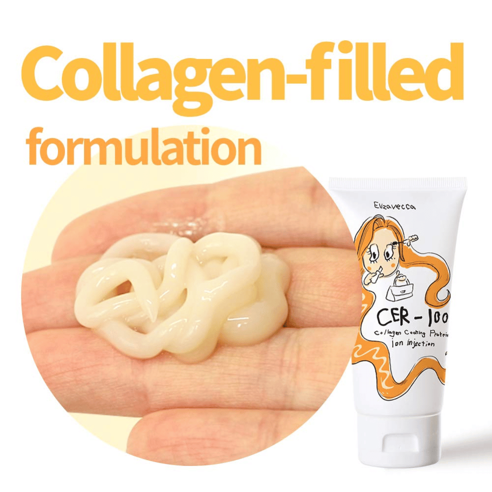 Närbild på krämig hårbehandling med kollagenformula tillsammans med produkttub från Elizavecca.