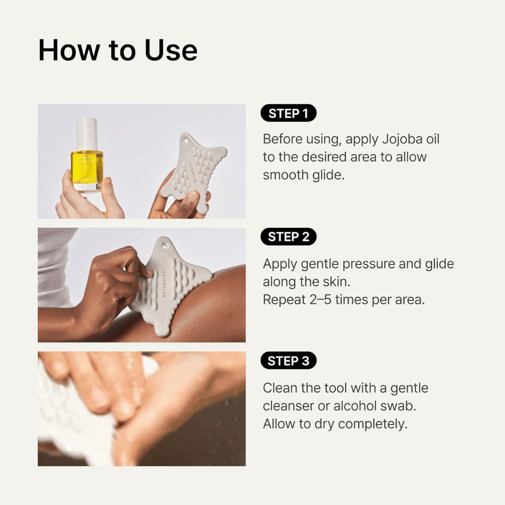 Instruktionsbild som visar hur RETURNITY Mini Guasha används tillsammans med jojobaolja för smidig massage och rengöring efter användning.