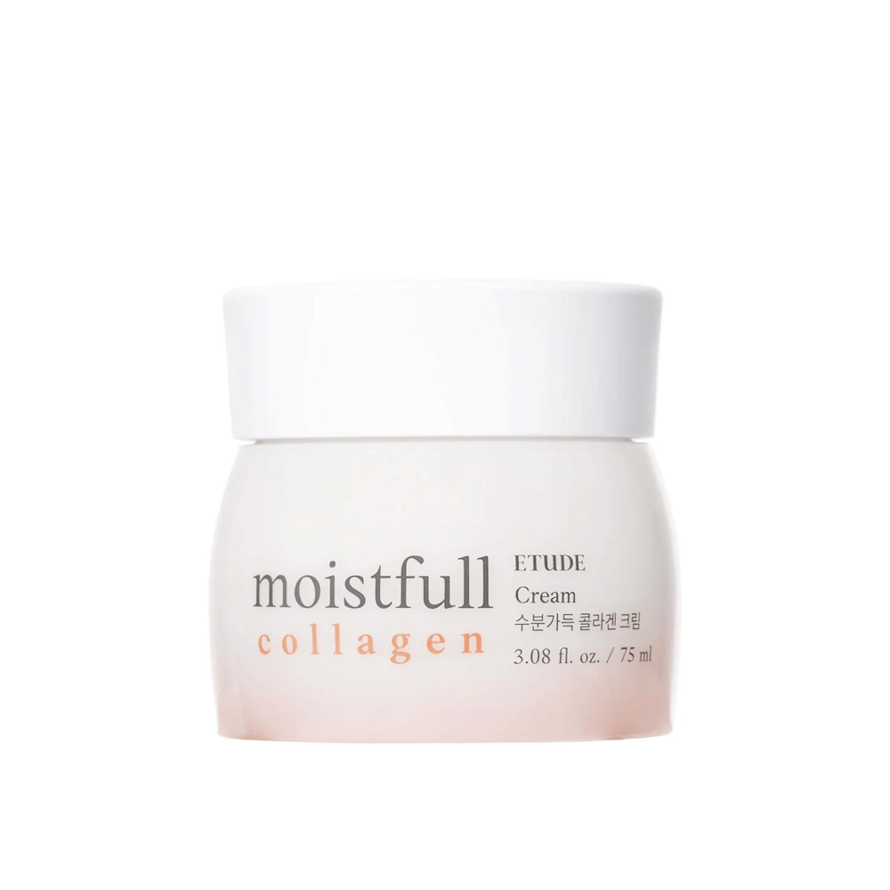 En burk med "Moistfull Collagen Cream" från ETUDE, vit bakgrund.