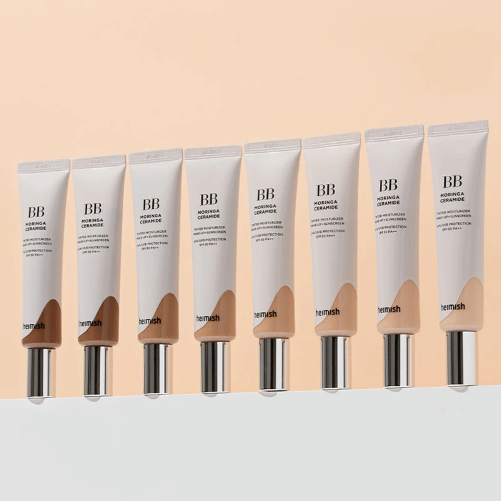 Rad av Heimish Moringa Ceramide BB Cream i flera färgnyanser. Bilden illustrerar variationen från ljusare till mörkare toner för att passa olika hudtoner och behov.