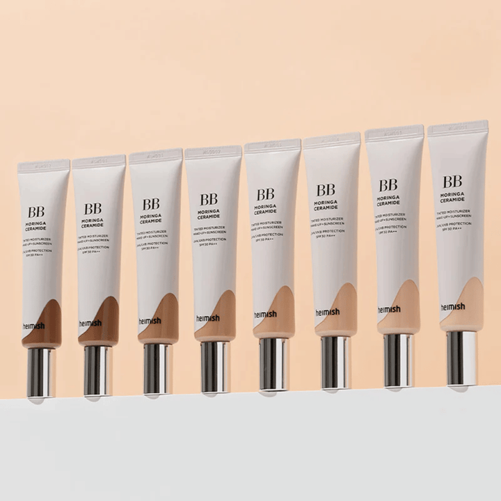 Rad av Heimish Moringa Ceramide BB Cream i flera färgnyanser. Bilden illustrerar variationen från ljusare till mörkare toner för att passa olika hudtoner och behov.