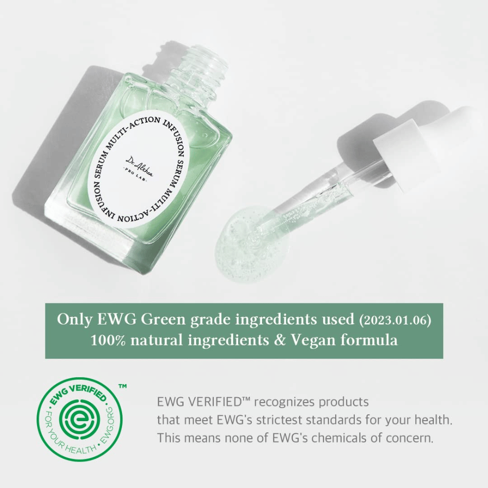 Dr. Althea Multi Action Infusion Serum med vegansk formula och EWG-certifierade ingredienser, skonsam för känslig hud och utan skadliga ämnen.