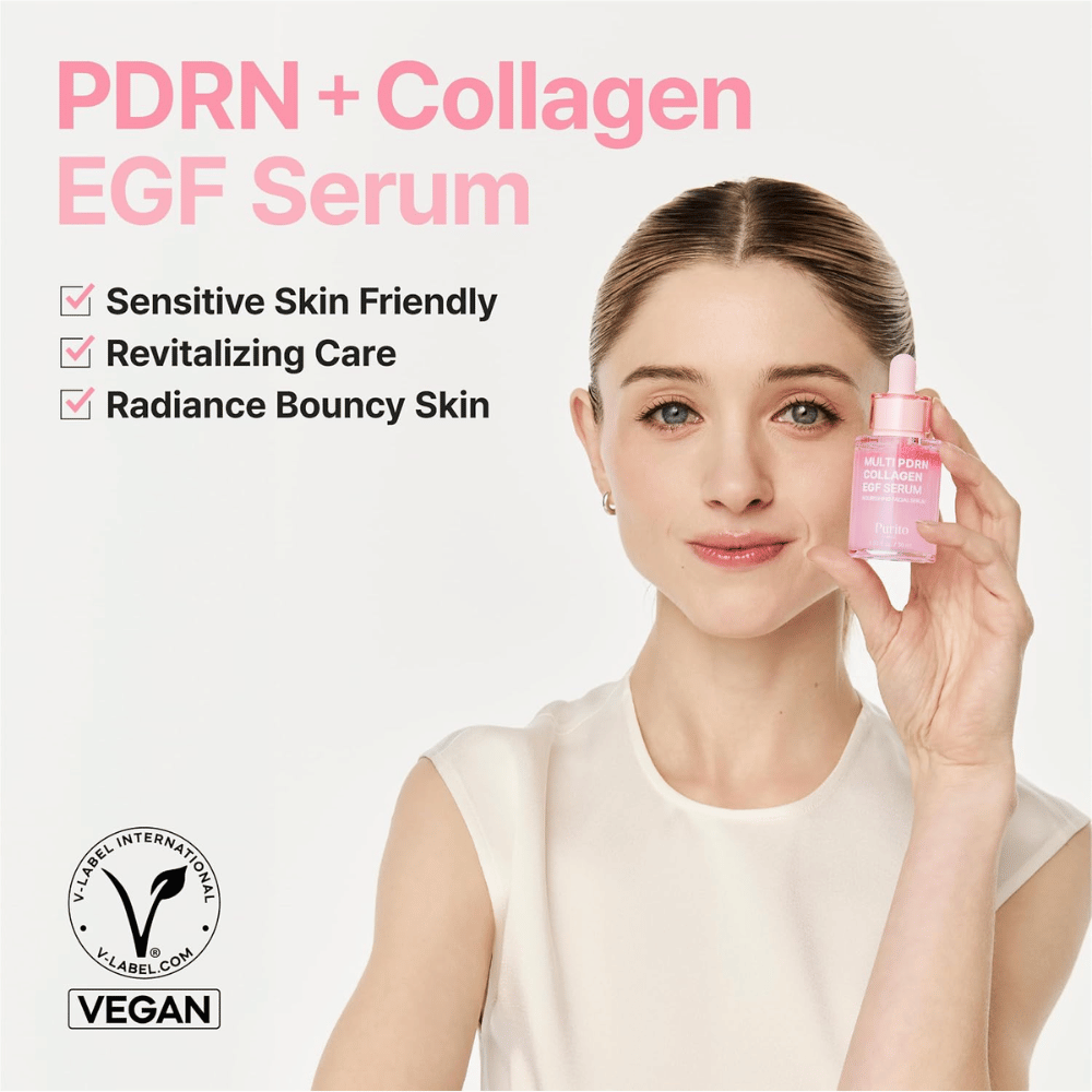 Purito Multi PDRN Collagen EGF Serum – veganskt serum för känslig hud, lyster och spänst.