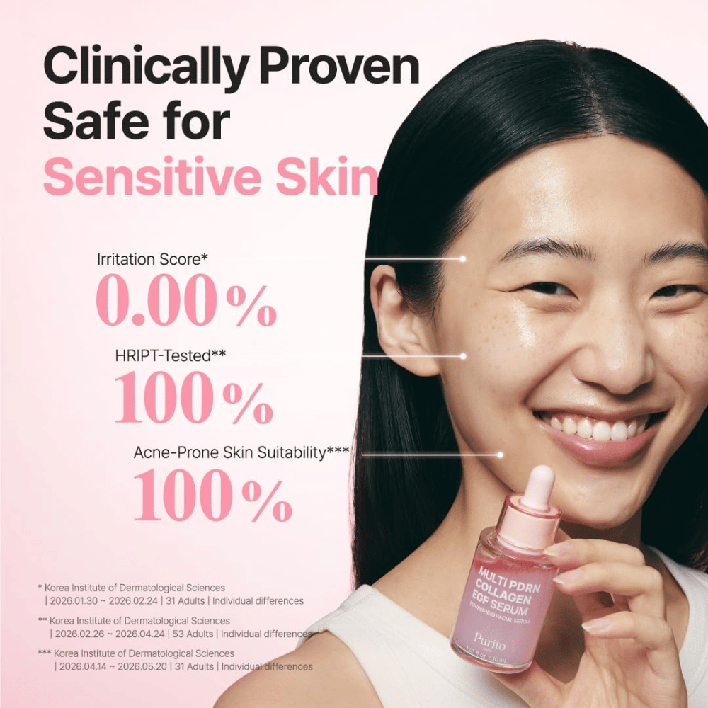 Purito Multi PDRN Collagen EGF Serum – kliniskt testat serum som passar känslig och aknebenägen hud.