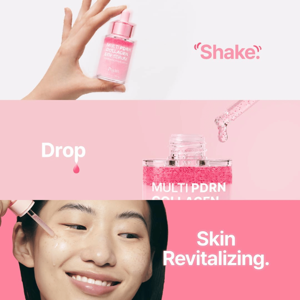 Purito Multi PDRN Collagen EGF Serum – applicering av det rosa serumet för återfuktad och revitaliserad hud.