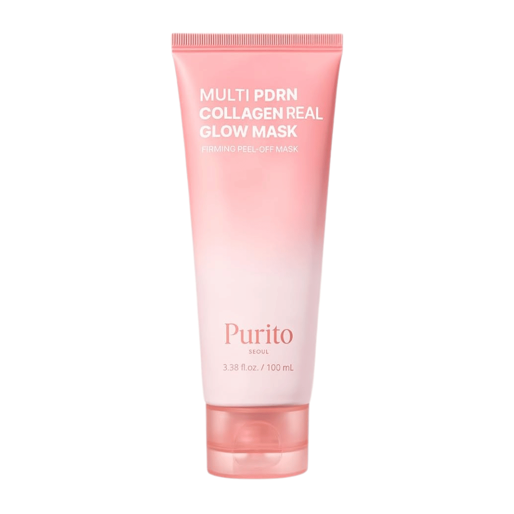Purito SEOUL Multi PDRN Collagen Real Glow Mask 100 ml – produktbild av rosa peel-off-mask i tub