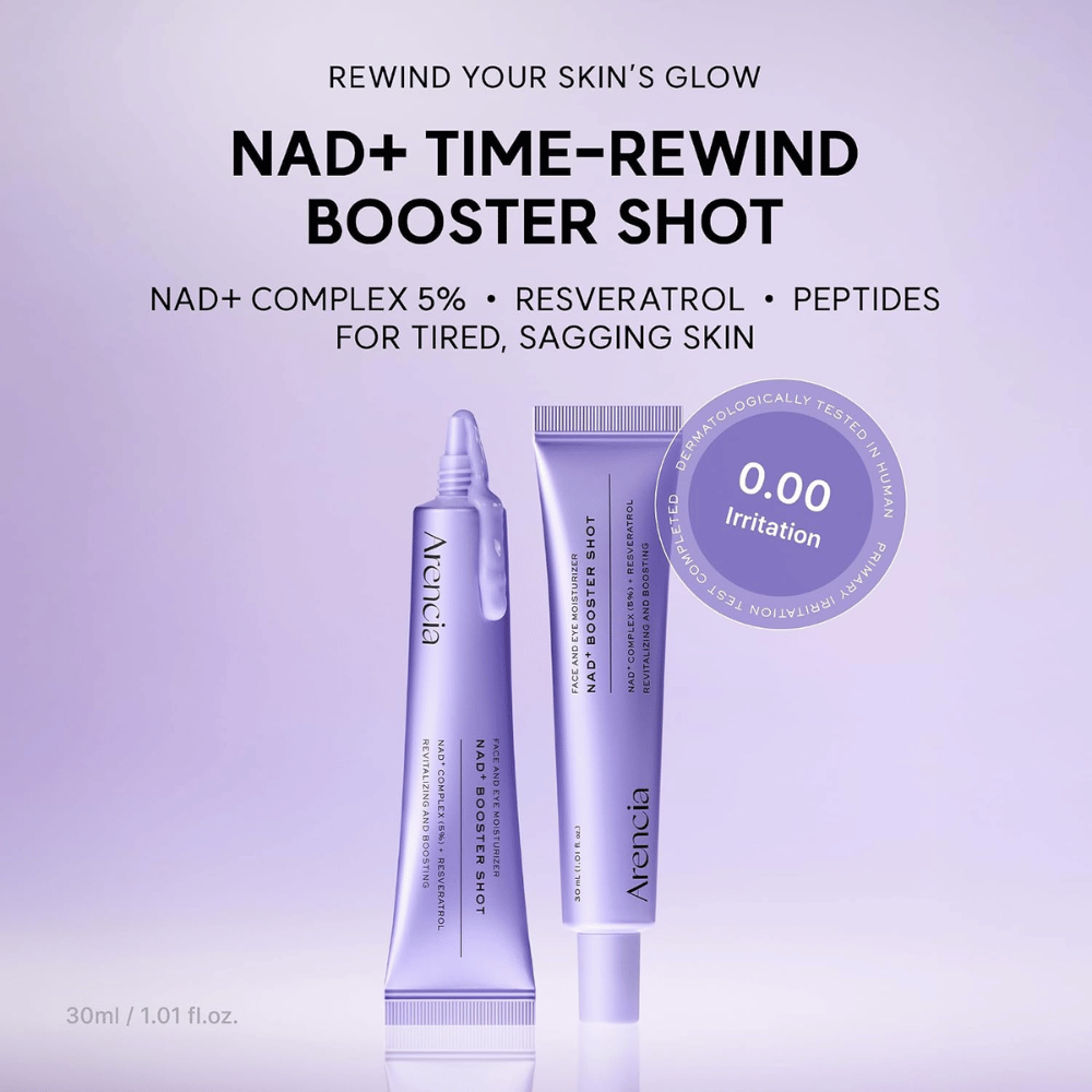 Arencia NAD+ Booster Shot med 5% NAD+ Complex, resveratrol och peptider – dermatologiskt testad ansiktskräm för trött och mogen hud.