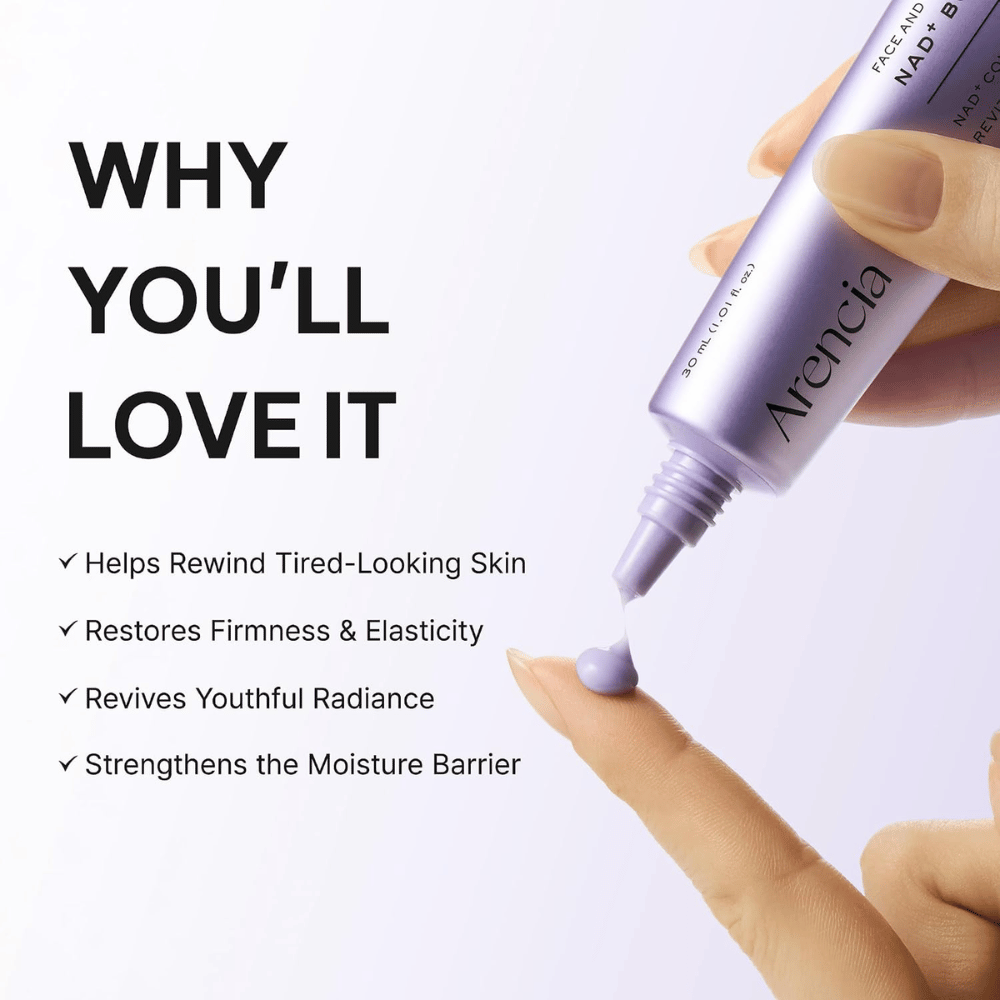 Arencia NAD+ Booster Shot 30 ml – vårdande ansiktskräm som stärker hudbarriären och ger fasthet, elasticitet och lyster.