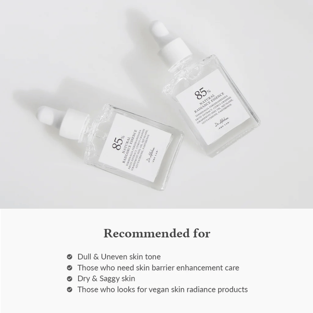 Dr. Althea Natural Radiance Essence med 85% Kakadu Plum Extract, passar för glåmig hud, ojämn hudton och torr hud som behöver stärkt hudbarriär.