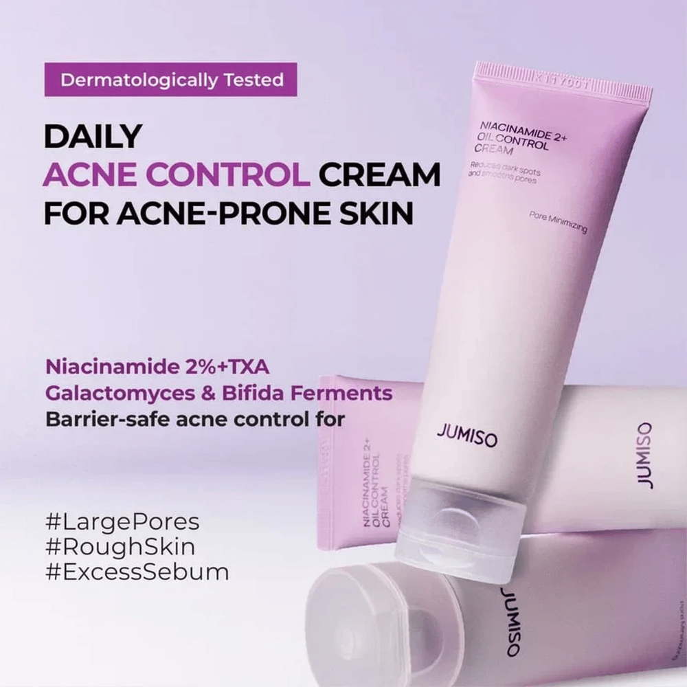Marknadsföringsbild av JUMISO Niacinamide 2+ Oil Control Cream med fokus på daglig vård för aknebenägen hud. Texten beskriver ingredienser som niacinamid, tranexamsyra, galactomyces och bifida-ferment som hjälper till att kontrollera talg och stärka hudbarriären.