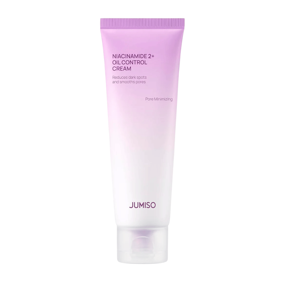 Produktbild av JUMISO Niacinamide 2+ Oil Control Cream på ljus bakgrund. Den rosa och vita tuben framhäver produktens fokus på talgkontroll, porförminskning och förbättrad hudton för fet och kombinerad hud.