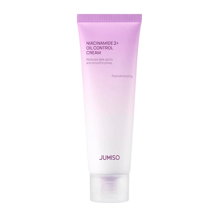 Produktbild av JUMISO Niacinamide 2+ Oil Control Cream på ljus bakgrund. Den rosa och vita tuben framhäver produktens fokus på talgkontroll, porförminskning och förbättrad hudton för fet och kombinerad hud.
