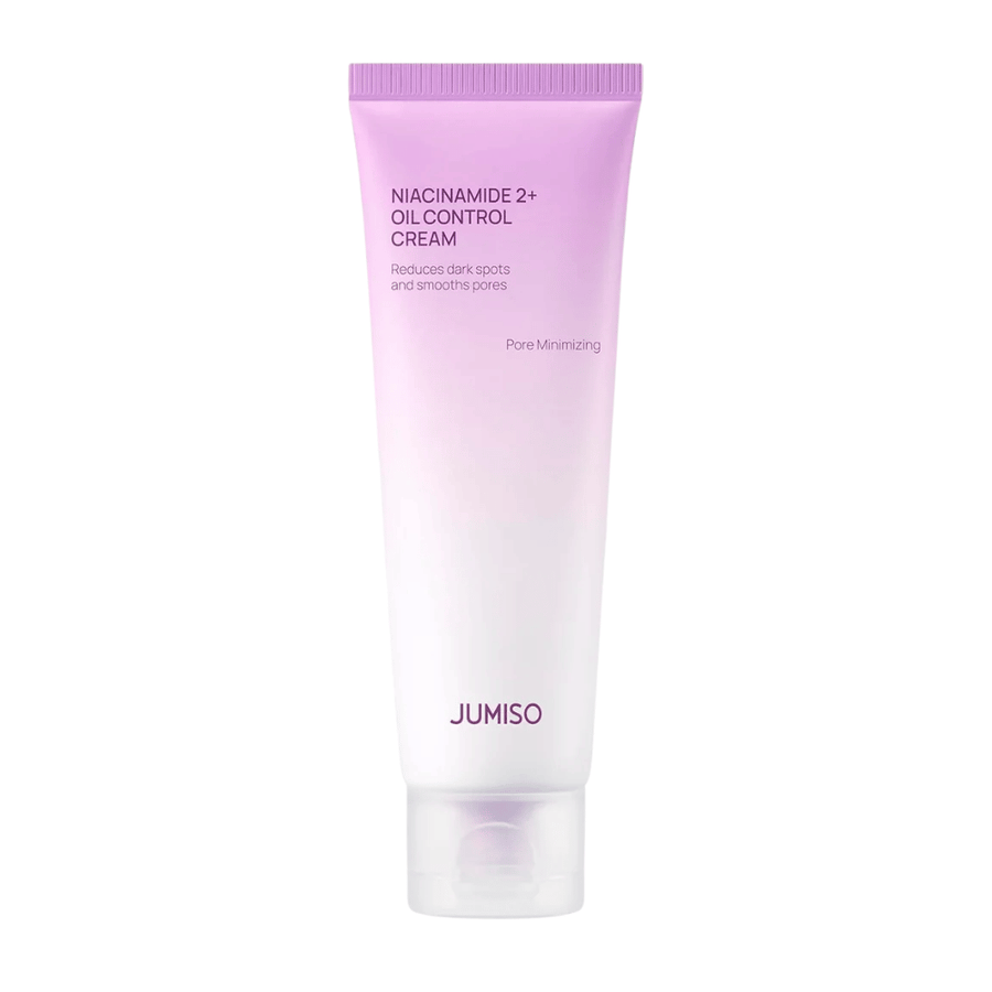 Produktbild av JUMISO Niacinamide 2+ Oil Control Cream på ljus bakgrund. Den rosa och vita tuben framhäver produktens fokus på talgkontroll, porförminskning och förbättrad hudton för fet och kombinerad hud.