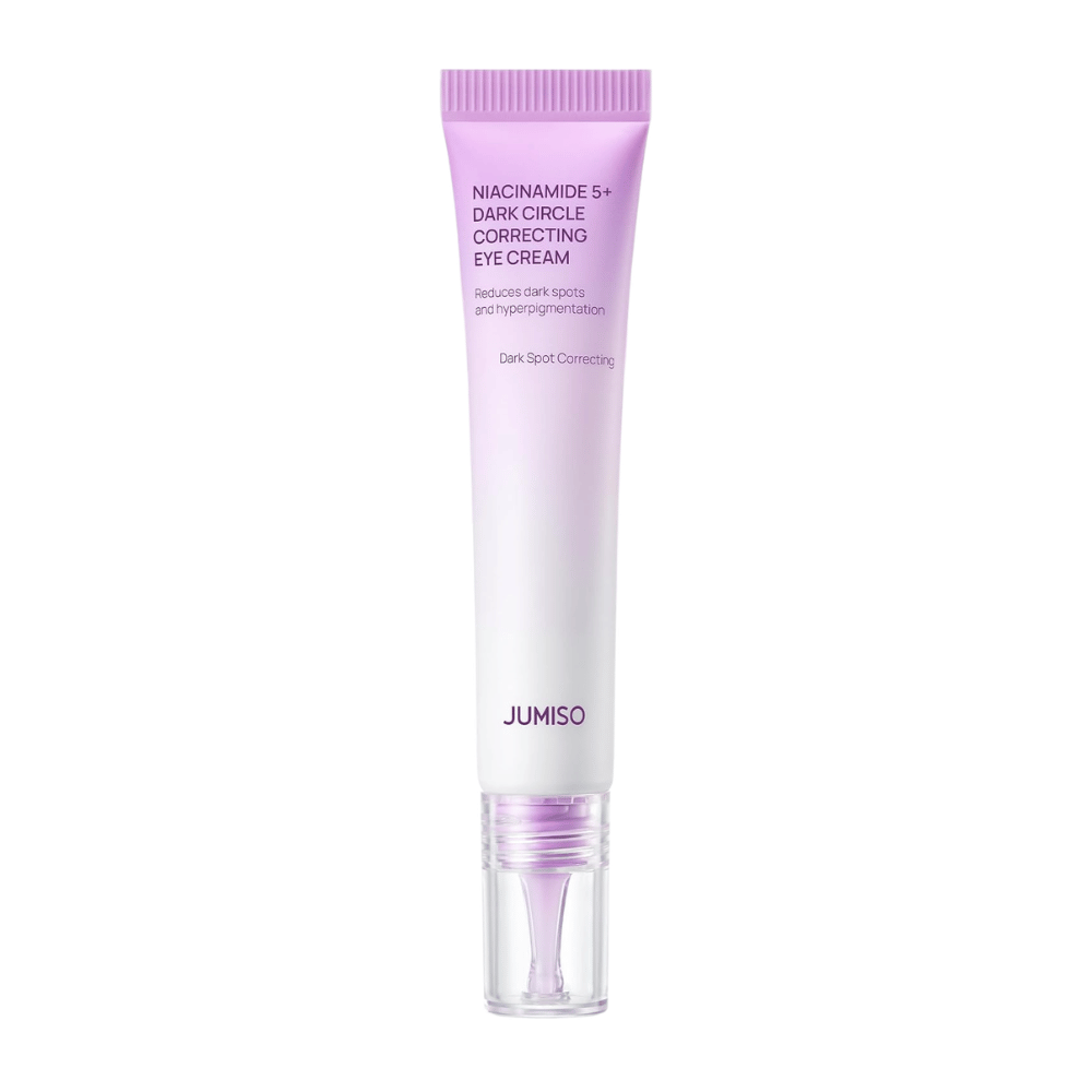5. Jumiso Niacinamide 5+ Dark Circle Correcting Eye Cream – lila och vit tub med transparent applikator mot vit bakgrund