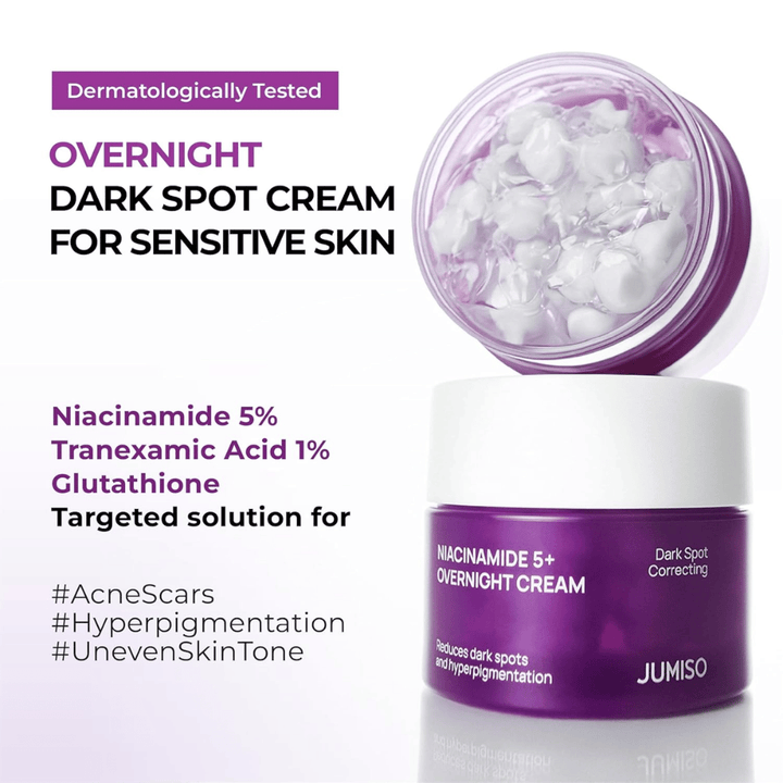 JUMISO Niacinamide 5+ Overnight Cream med öppen burk som visar kapselgel-texturen. Bilden framhäver ingredienser som niacinamid 5 %, tranexamsyra 1 % och glutathion för pigmentering och ojämn hudton.
