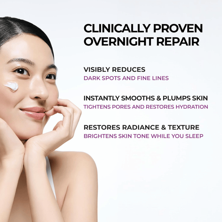 Modell applicerar JUMISO Niacinamide 5+ Overnight Cream på kinden. Bilden lyfter fram nattkrämens vårdande egenskaper för att förbättra hudens lyster, fuktbalans och hudstruktur under natten.