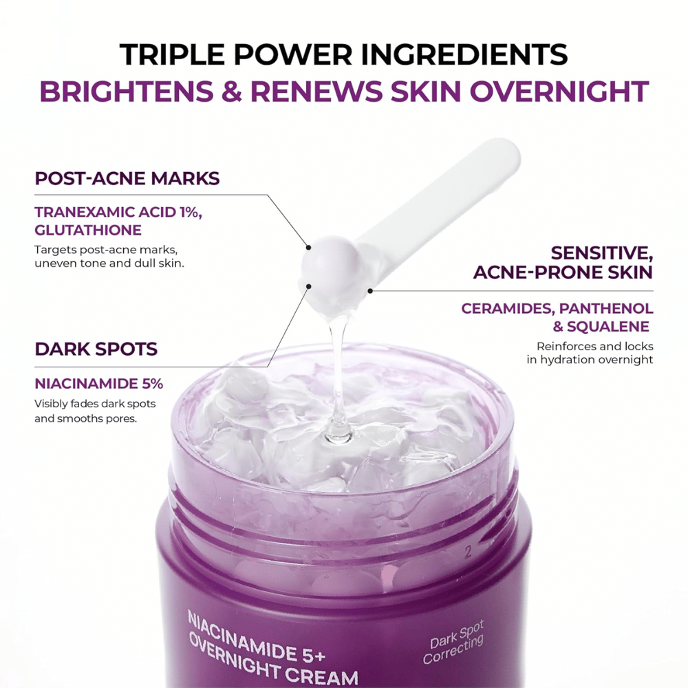 Närbild av JUMISO Niacinamide 5+ Overnight Cream med kapselgel och aktiva ingredienser som niacinamid, tranexamsyra, glutathion, ceramider, panthenol och squalane för lyster och återfuktning.