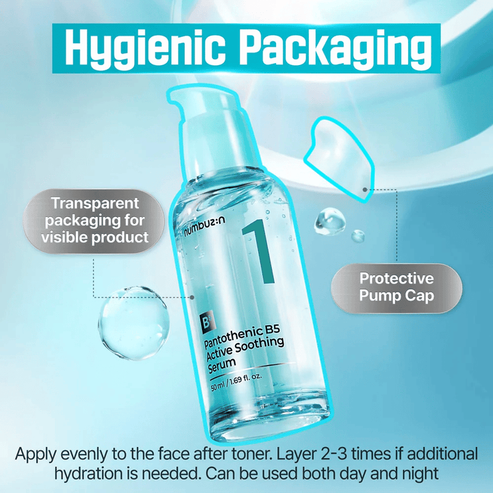 numbuzin No.1 Pantothenic B5 Active Soothing Serum 50 ml – lugnande B5-serum med hygienisk pump och transparent flaska för aknebenägen hud
