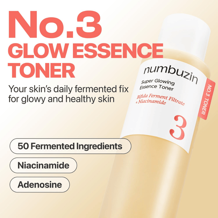 Numbuzin No.3 Glow Essence Toner – daglig fermenterad essens för frisk, återfuktad och strålande hud.