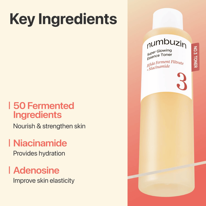 Numbuzin No.3 Toner innehåller 50 fermenterade ingredienser, niacinamid och adenosin som stärker och återfuktar huden.