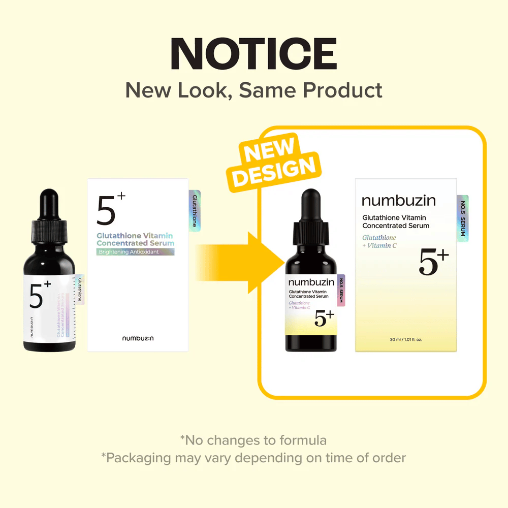numbuzin No.5+ Glutathione Vitamin Concentrated Serum i ny förpackningsdesign – samma formula för lyster och jämnare hudton.