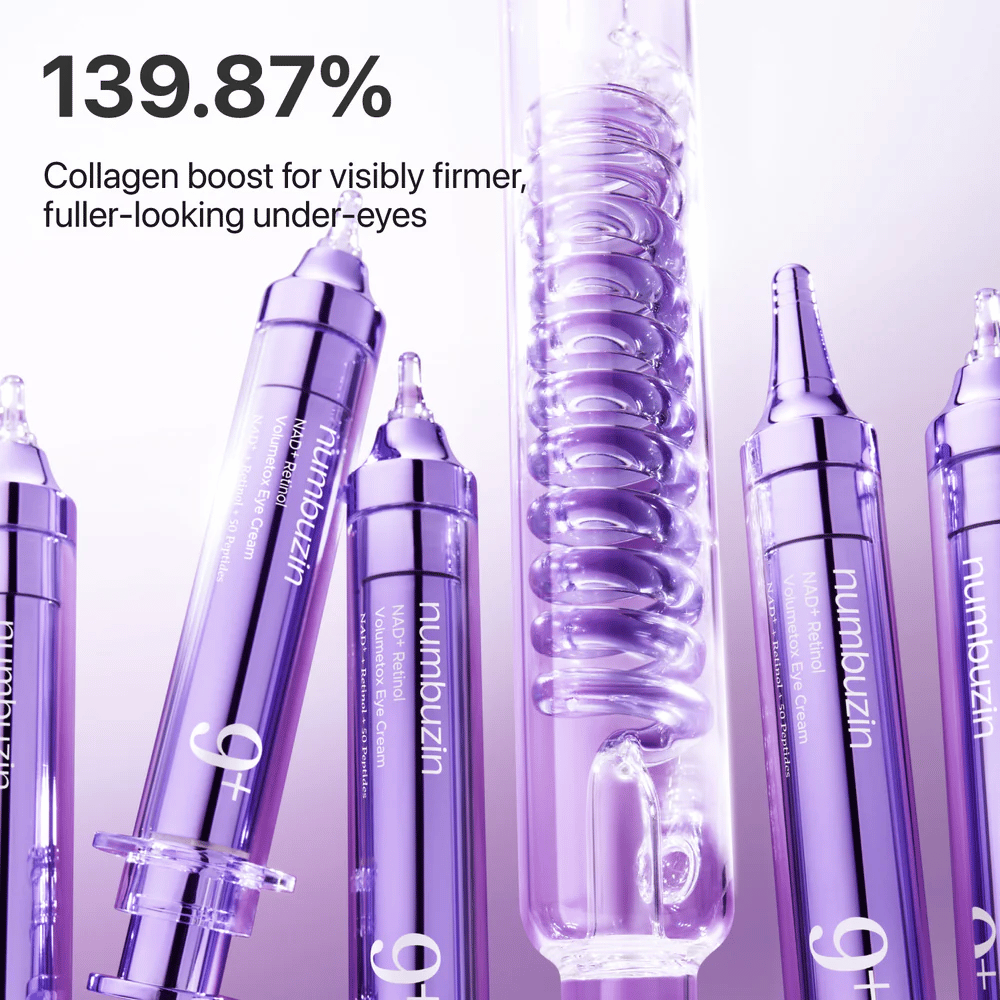Illustration som visar kollagenboost från No.9 NAD+ Retinol Volumetox Eye Cream, framtagen för fastare och fylligare hud under ögonen med synliga resultat.