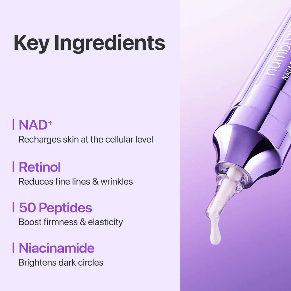 Nyckelingredienser i No.9 NAD+ Retinol Volumetox Eye Cream, med NAD+, retinol, 50 peptider och niacinamid som hjälper till att stärka huden och minska fina linjer.
