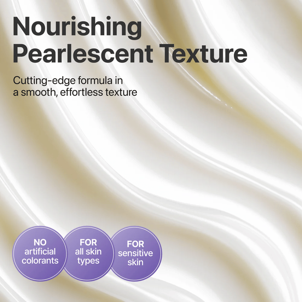 Närbild på den pärlemorskimrande texturen i No.9 NAD+ Retinol Volumetox Eye Cream, en närande och mjuk ögonkräm utan artificiella färgämnen, lämplig för känslig hud.