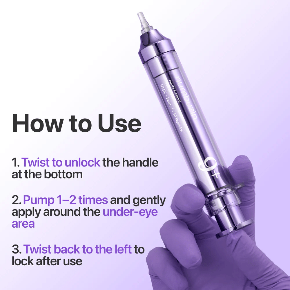 Instruktionsbild som visar hur No.9 NAD+ Retinol Volumetox Eye Cream används, med vridfunktion, pumpdosering och applicering runt ögonområdet för säker och exakt användning.