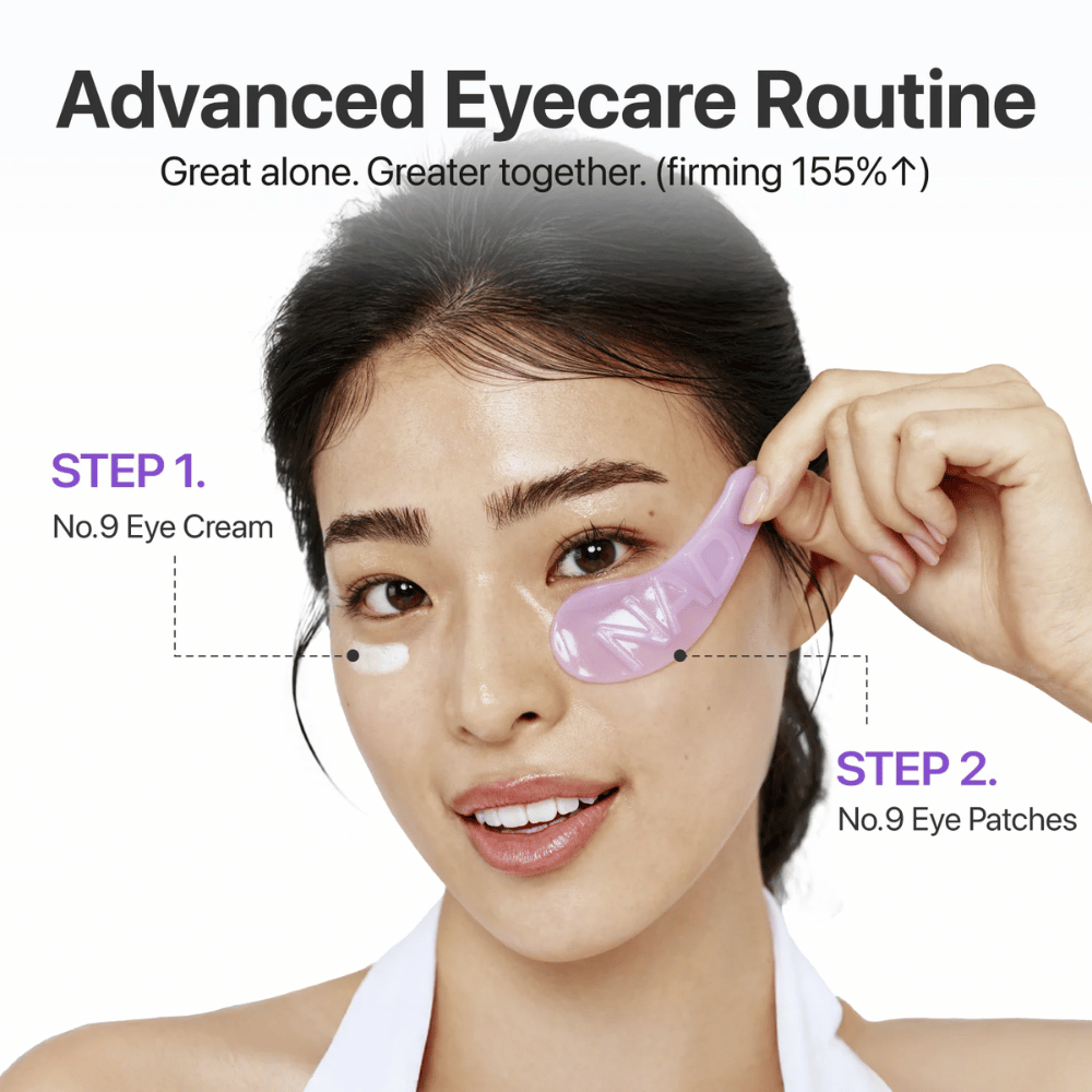 Applicering av numbuzen No.9 NAD+ Collagen Eye Patch steg för steg i ögonvårdsrutin för fastare och piggare hud.