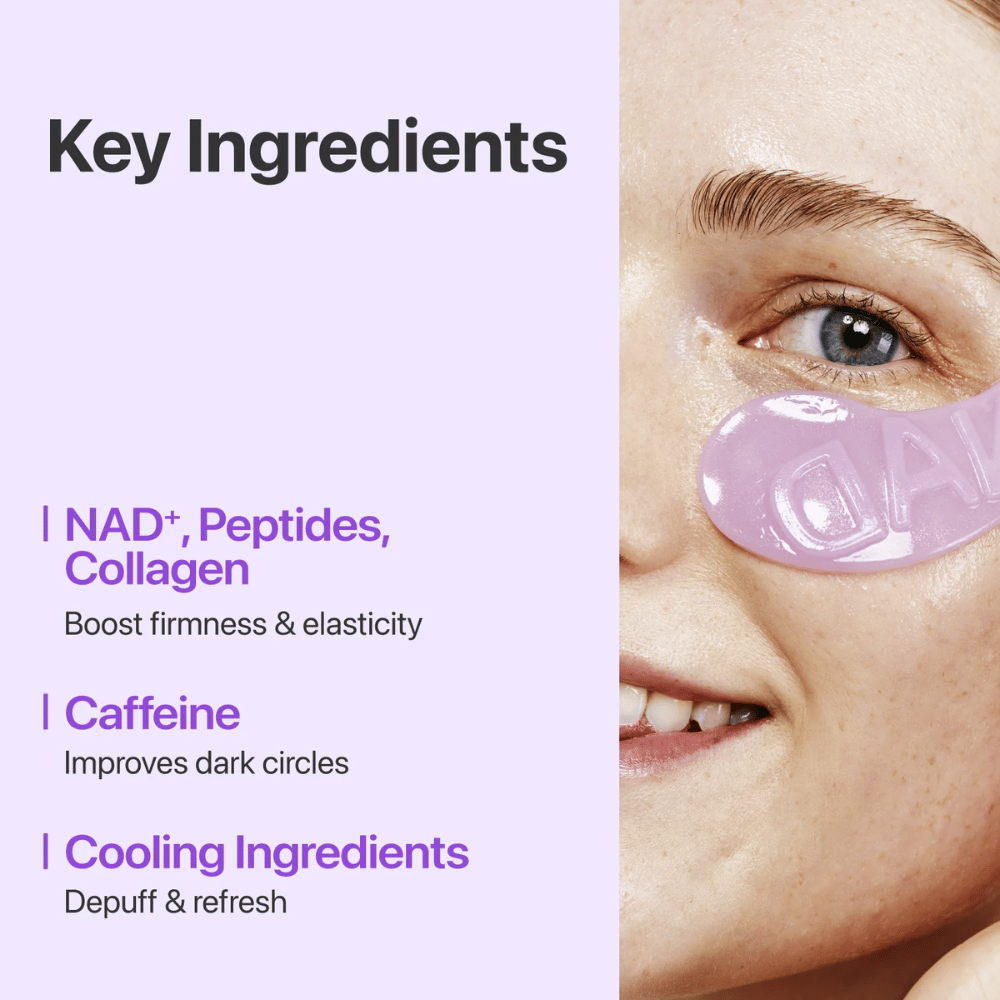 Närbild på numbuzen No.9 NAD+ Collagen Eye Patch – innehåller NAD+, kollagen och peptider som stärker och återfuktar huden under ögonen.