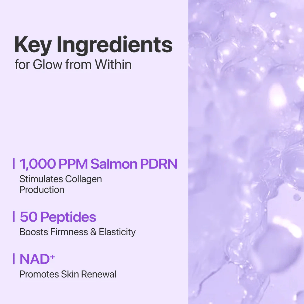 Text och bakgrund visar de viktigaste ingredienserna: 1000 ppm Salmon PDRN, 50 Peptides och NAD+ som stärker, återfuktar och förnyar huden.