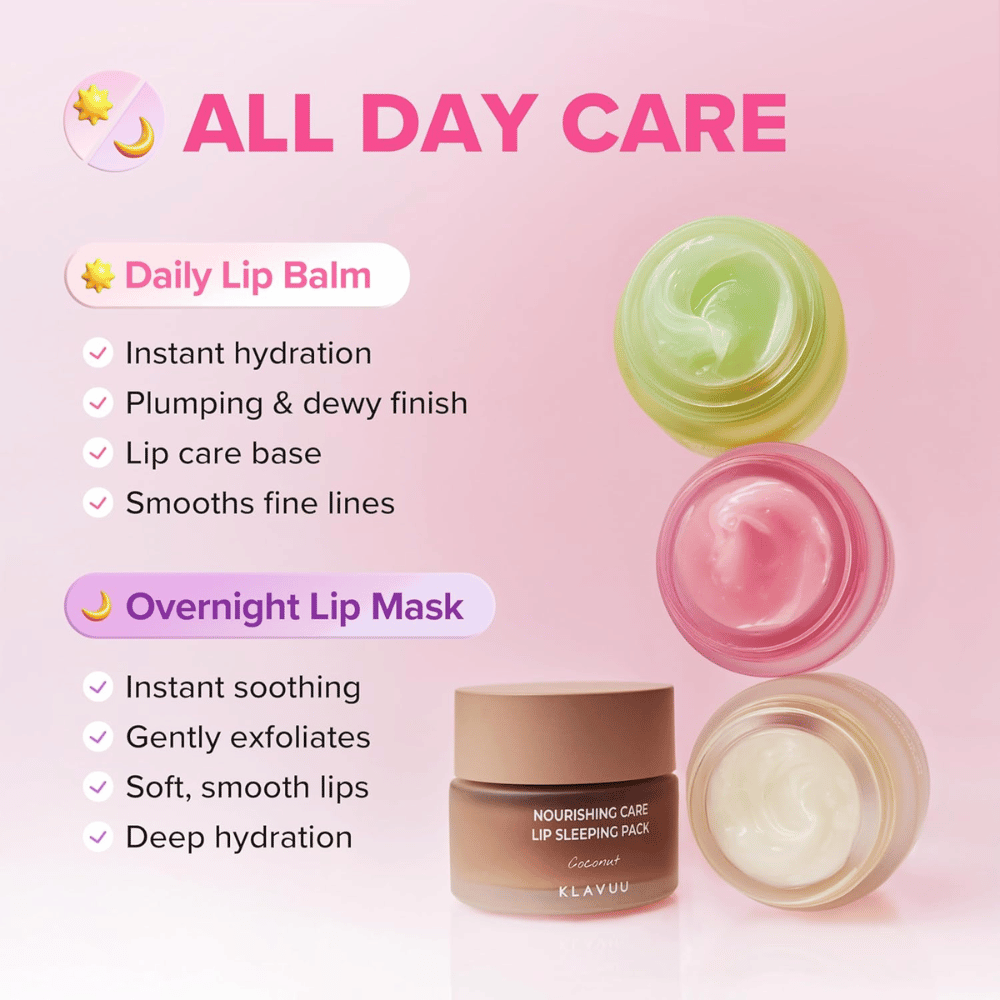 KLAVUU Nourishing Care Lip Sleeping Pack Coconut kan användas som läppbalsam dagtid eller intensiv läppmask över natten för mjuka läppar.