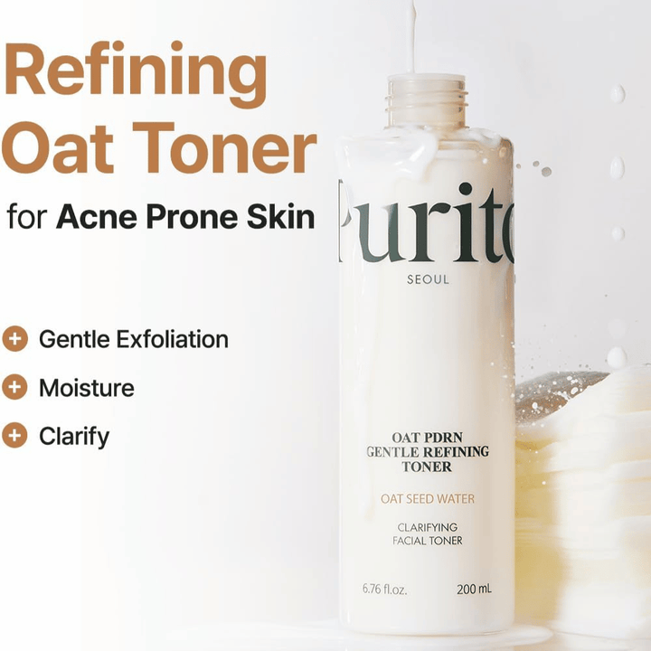 Purito Oat PDRN Gentle Refining Toner 200 ml – mild exfolierande toner som återfuktar, klargör och balanserar aknebenägen hud