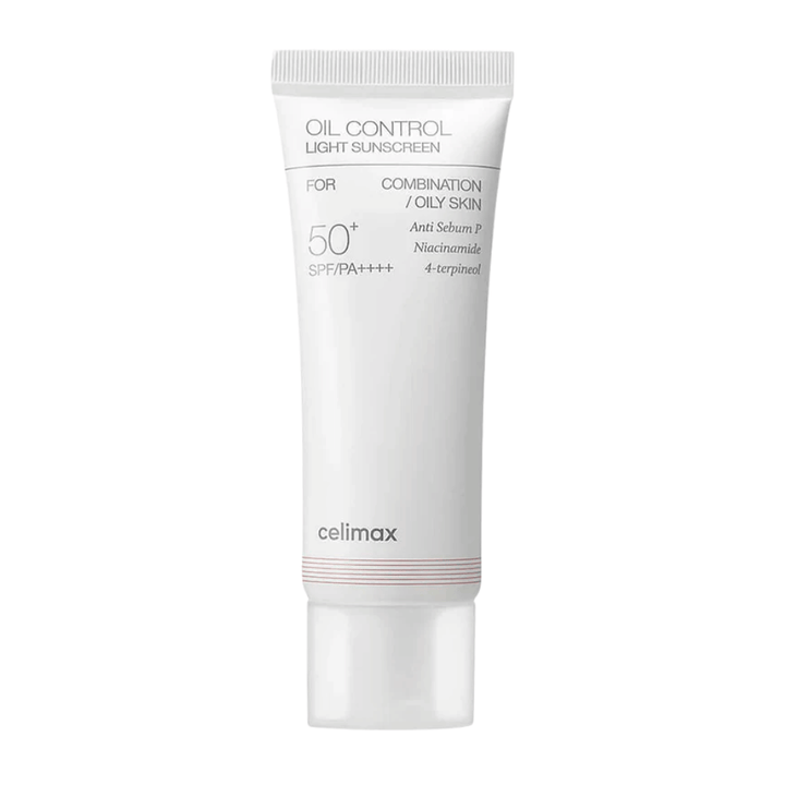 Celimax Oil Control Light Sunscreen SPF 50+ PA++++ produktbild med fokus på formula och ingredienser som niacinamid för talgkontroll och jämnare hudton