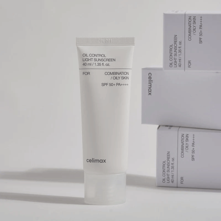Celimax Oil Control Light Sunscreen SPF 50+ PA++++ i tub med minimalistisk design, solskydd för kombinerad och fet hud som kontrollerar talg och ger matt finish