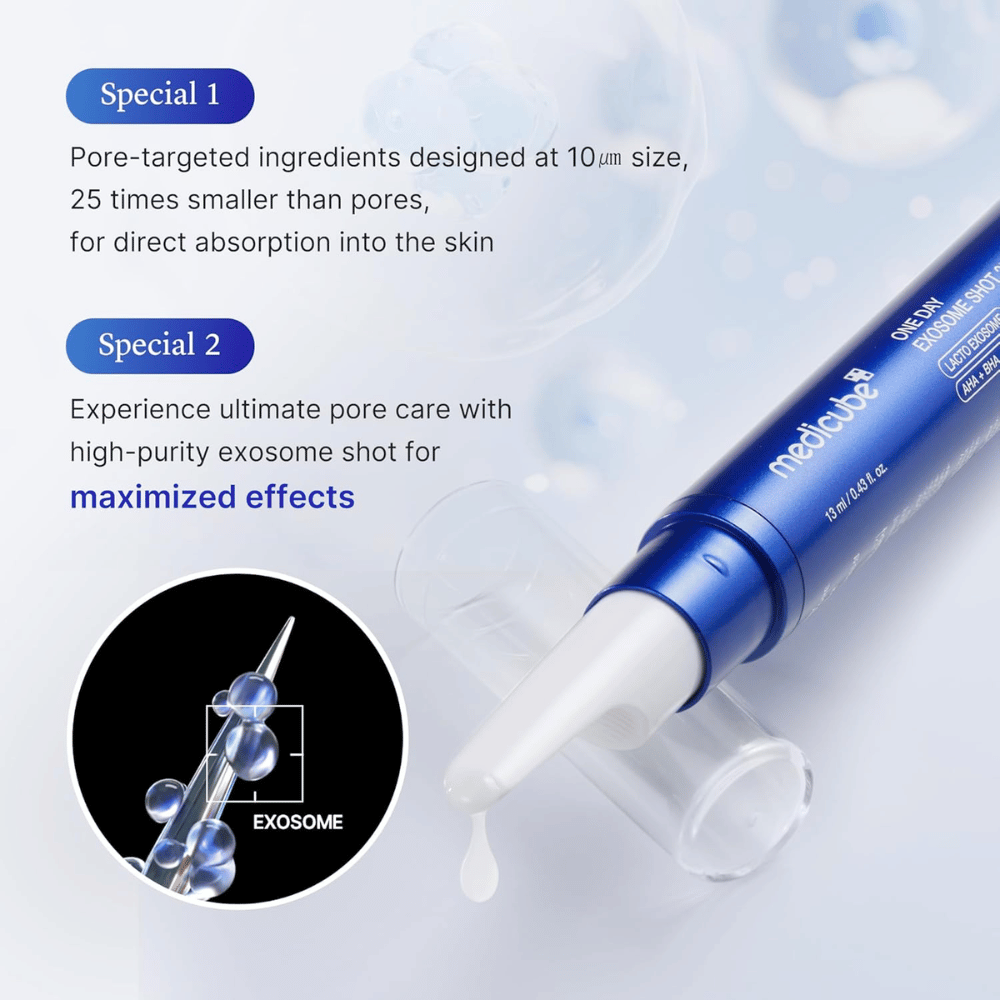 Medicube One Day Exosome Shot Pore Ampoule 25000 med exosomer som förbättrar absorption, minimerar porer och ger intensiv hudvård
