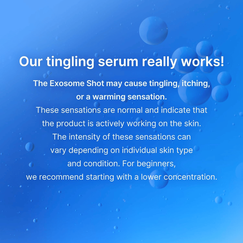 Exosome serum information om pirrande känsla vid användning som indikerar aktiv hudbehandling och rekommendation att börja med lägre koncentration