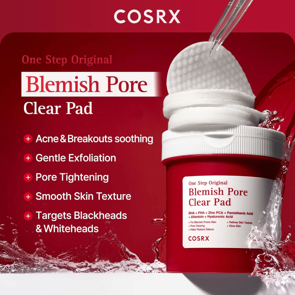 Produktbild av COSRX One Step Original Blemish Pore Clear Pad med fokus på exfoliering, porförfining och vård av aknebenägen hud.