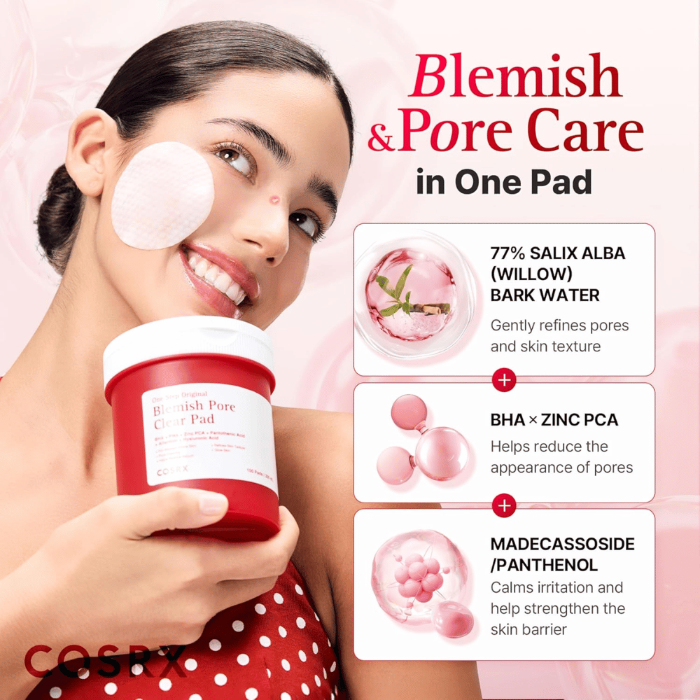 Produktbild med modell och ingrediensfokus för COSRX One Step Original Blemish Pore Clear Pad med willow bark water, BHA, Zinc PCA och Madecassoside.