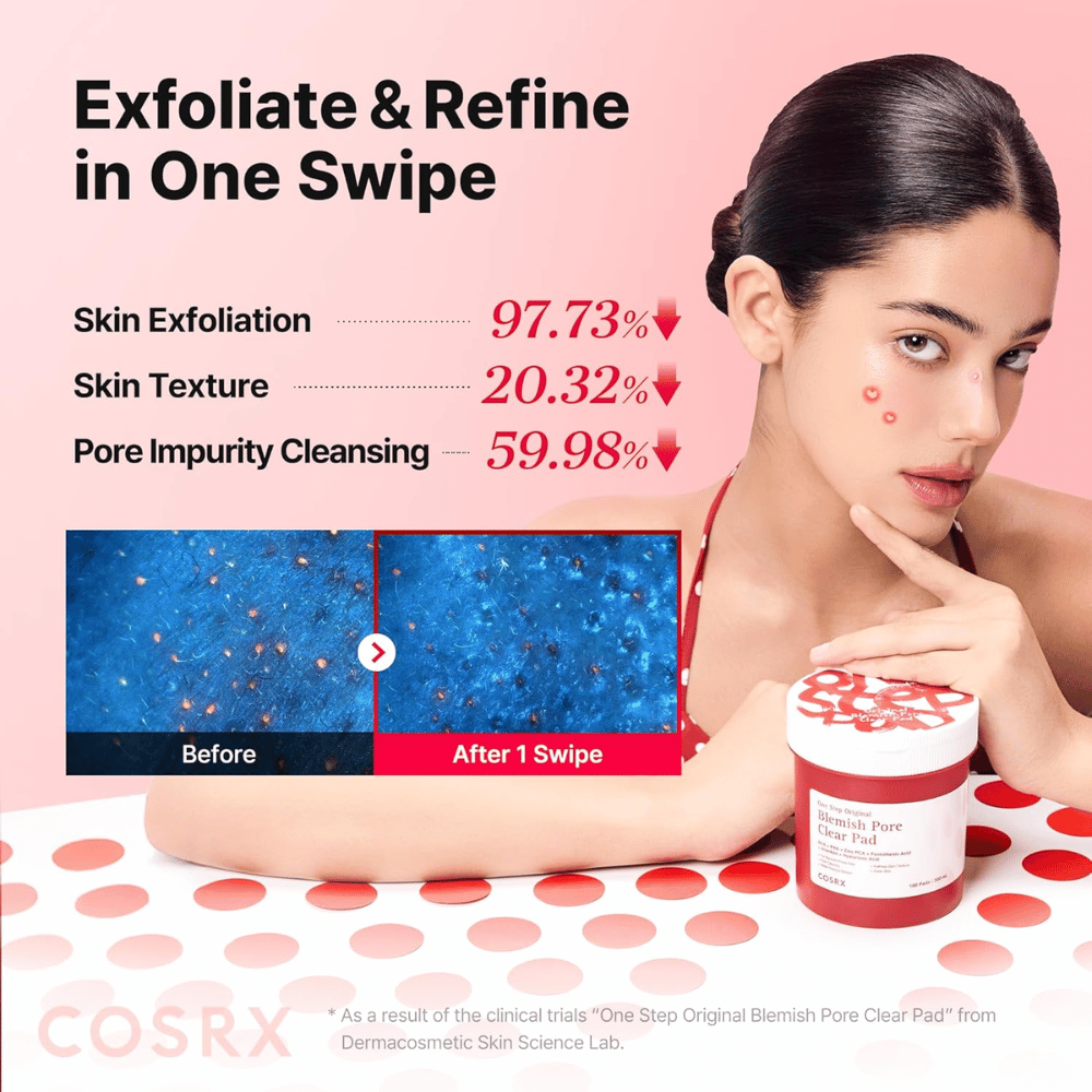 Kampanjbild för COSRX One Step Original Blemish Pore Clear Pad som visar exfolierande effekt och rengöring av porer efter endast en användning.