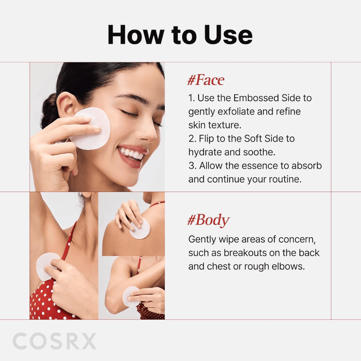 Instruktionsbild som visar hur COSRX One Step Original Blemish Pore Clear Pad används i ansikte och på kropp för exfoliering och vård.