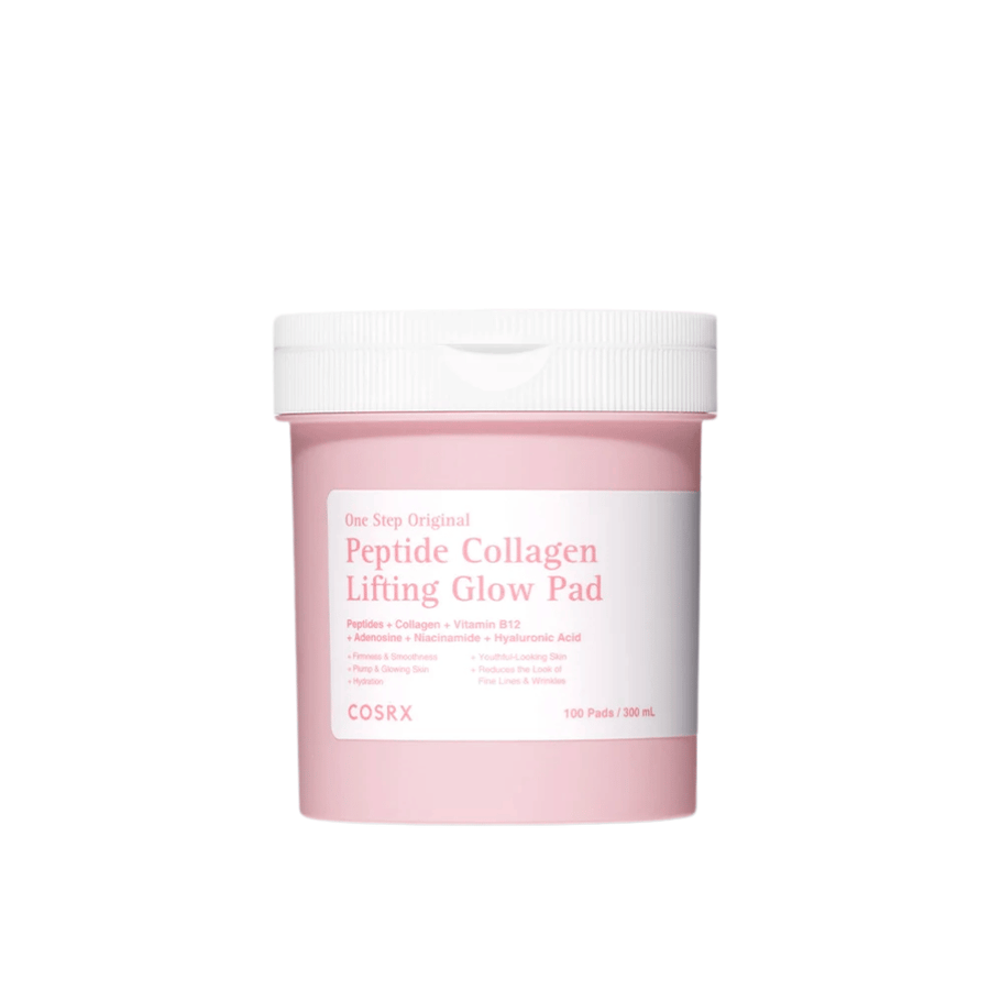 Frilagd produktbild av COSRX One Step Original Peptide Collagen Lifting Glow Pad i rosa förpackning mot ljus bakgrund.