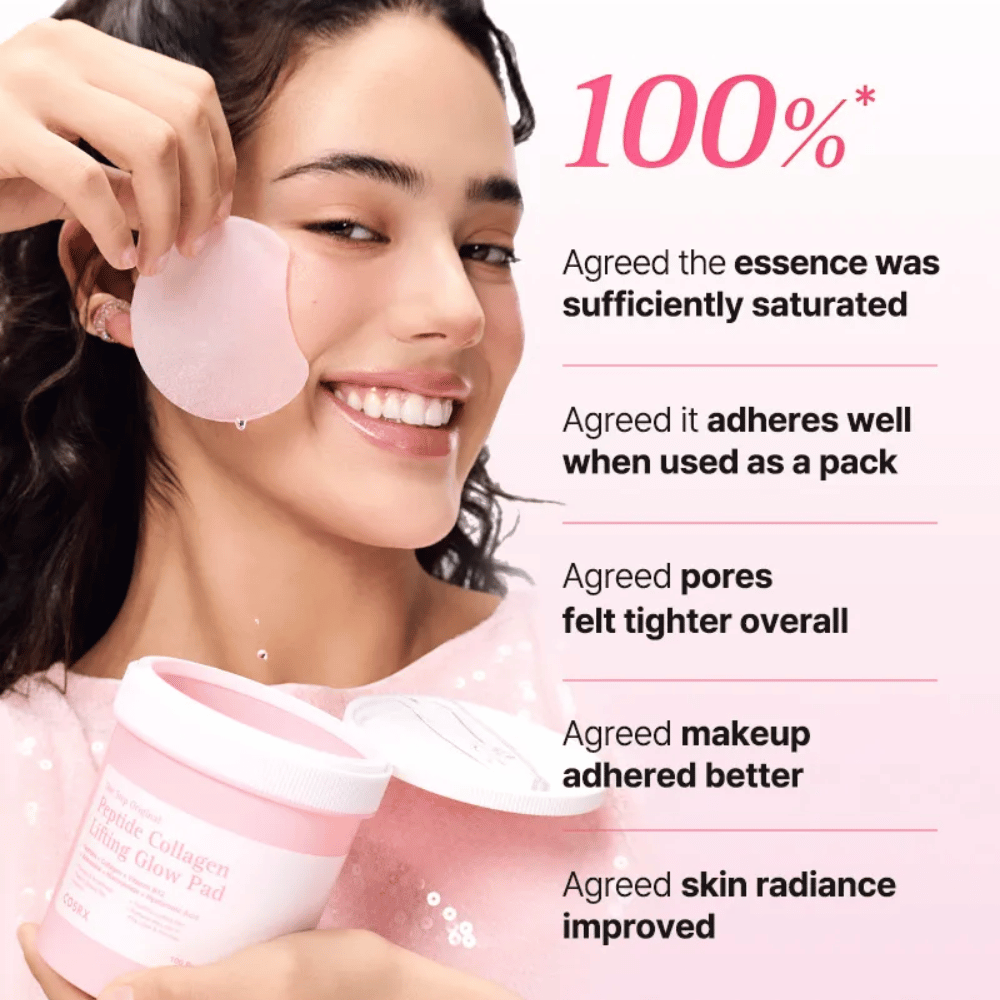 Modell använder COSRX Peptide Collagen Lifting Glow Pad med fokus på återfuktning, glow och förbättrad hudelasticitet.