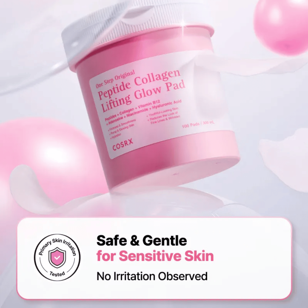 Produktbild av COSRX One Step Original Peptide Collagen Lifting Glow Pad med budskap om skonsam formula för känslig hud och testad låg irritation.